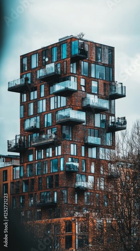 Unique architectural design of a modern building with cantilevered balconies ...