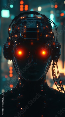 Advanced humanoid robot with glowing eyes in a futuristic environment