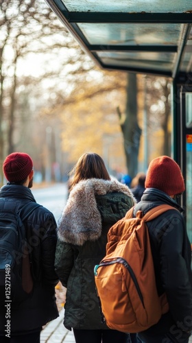 Busy bus stop with pedestrians waiting in autumn setting in a city during aft...