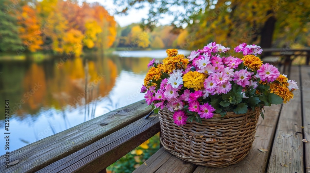 A flower basket resting on a wooden deck with a lake in the background. --chaos 20 --ar 16:9 --quality 2 --v 6.1 Job ID: 71857873-2c9a-413f-903f-d86fa5b15e13 A flower basket resting on a wooden deck with a lake in the background. --chaos 20 --ar 16:9 --quality 2 --v 6.1 Job ID: 71857873-2c9a-413f-903f-d86fa5b15e13