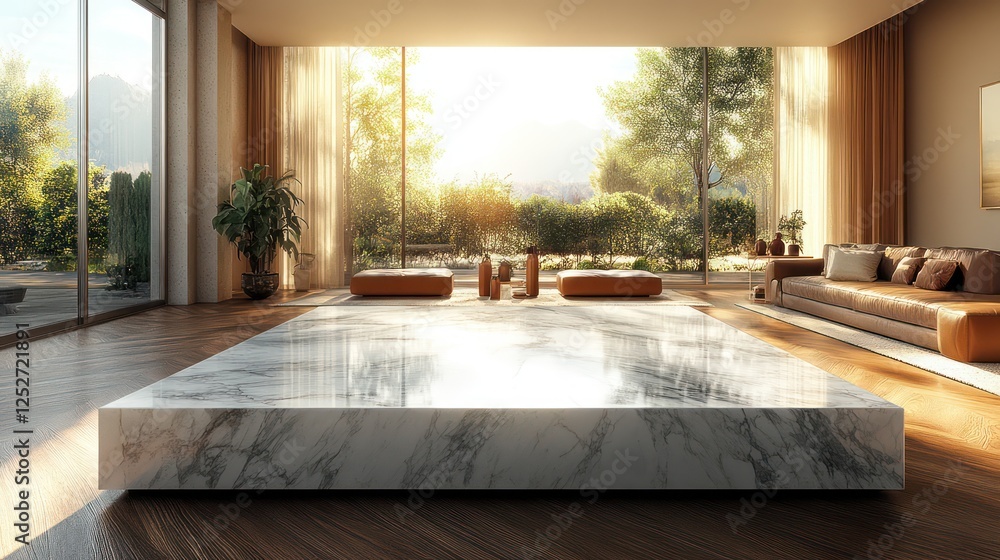 Fototapeta premium Sunlit Modern Living Room with Marble Centerpiece