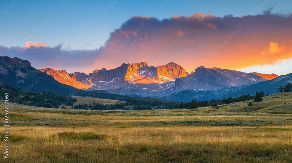 Obraz premium A majestic mountain range at sunrise with golden light hitting the peaks.