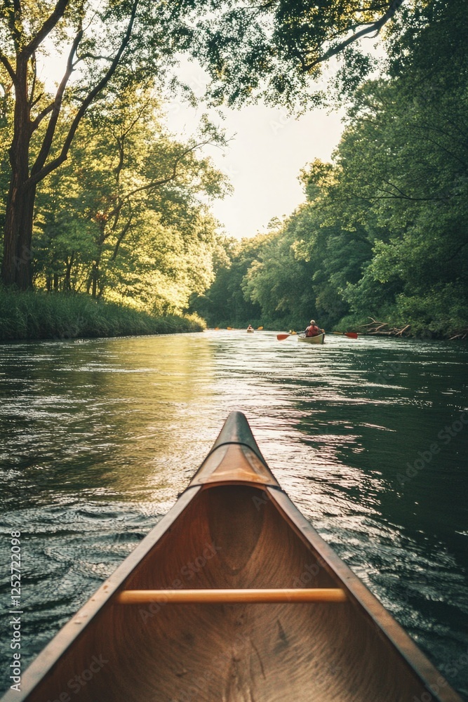 Fototapeta premium A tranquil canoeing scene on a river, surrounded by forest and under the glow of sunlight. A perfect escape for nature lovers.