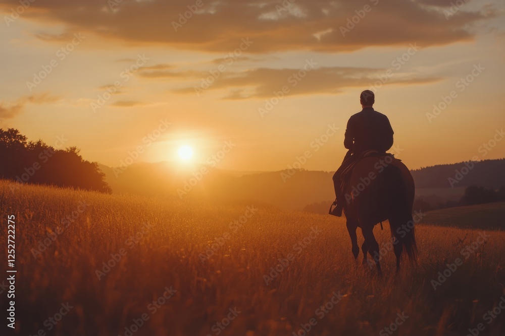 Rider on horseback enjoys sunset in wide open field during golden hour Rider on horseback enjoys sunset in wide open field during golden hour