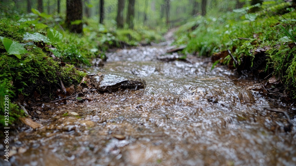 Forest stream flowing through mossy path Forest stream flowing through mossy path