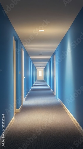 Brightly lit hallway with blue walls leading to an open door at the end