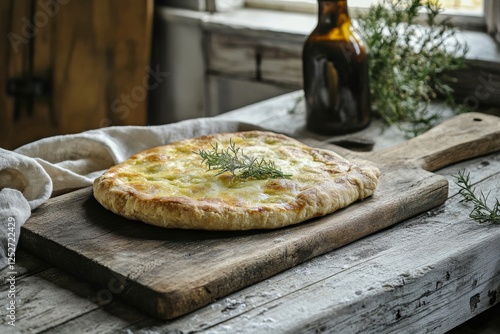 Freshly baked cheesecake resting on a wooden board in a rustic kitchen