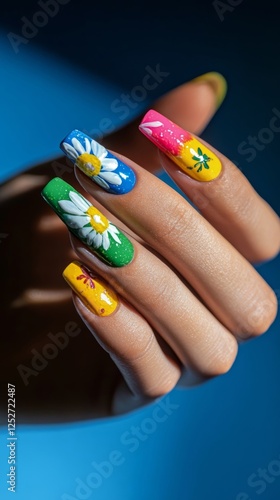 Colorful nail art design featuring vibrant shades under bright sunlight in an...