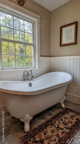 Cozy vintage bathroom with natural light and greenery view during daytime