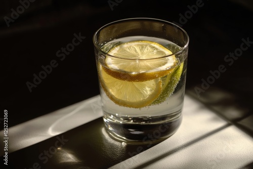 Refreshing glass of sparkling water with lemon slices in a bright setting