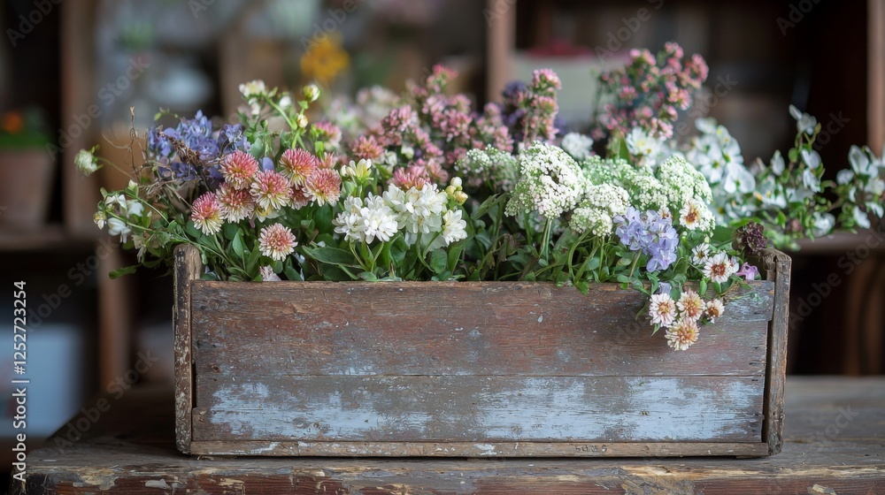 Fototapeta premium A rustic wooden crate used as a flower basket in a vintage farmhouse setting. --chaos 20 --ar 16:9 --quality 2 --v 6.1 Job ID: d67fb632-80d1-4601-8a92-ec5d70eb4eb3