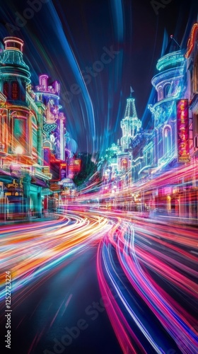 Vibrant lights illuminate a bustling street in a lively urban setting at night