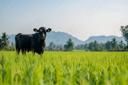 Black cow standing in a lush green rice field with mountains in the backgroun...