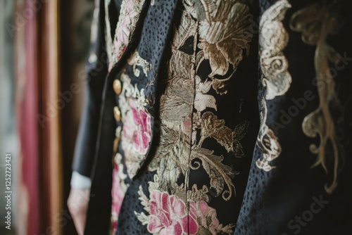 Elegant floral embroidered suit displayed in fashion exhibition under dramati...