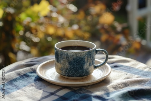 Elegant black coffee served in a vintage cup on a floral tablecloth in mornin...