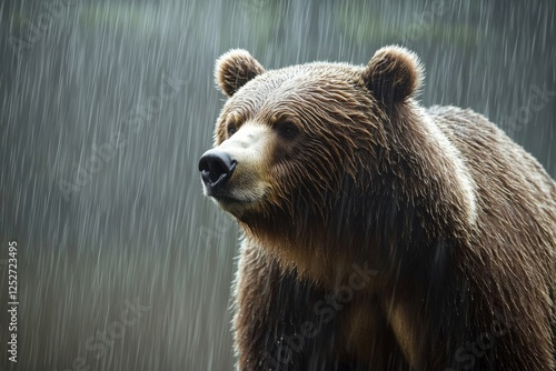 Grizzly bear standing in the rain with water droplets on its fur in a forest ...