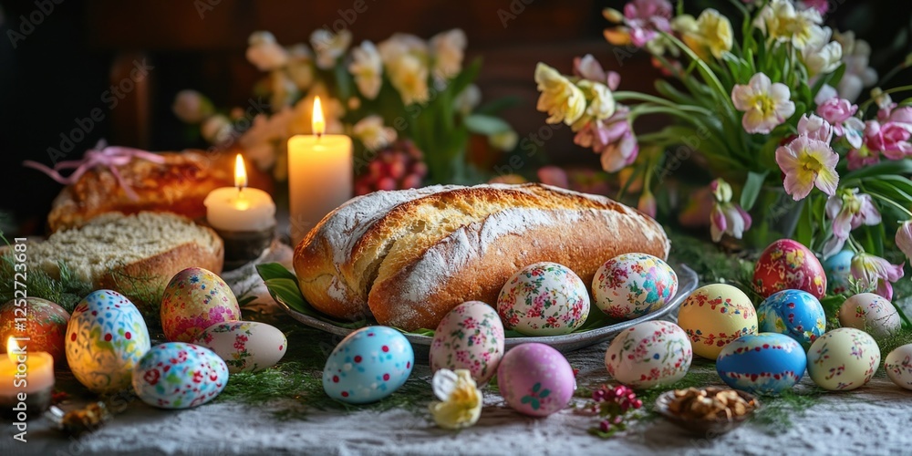 Obraz premium This image captures the festive spirit of Easter with a table set with various pastries, colorful painted eggs, and candles. The scene is full of vibrant colors and holiday cheer.