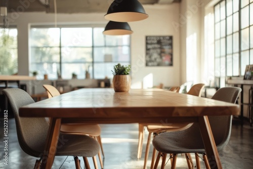 Cozy indoor cafe setting with wooden table and stylish chairs in bright natur...