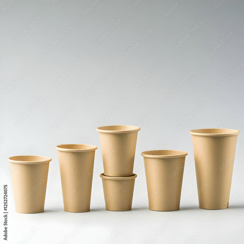 Eco-friendly paper cups, various sizes, studio shot, light background, packaging design Eco-friendly paper cups, various sizes, studio shot, light background, packaging design