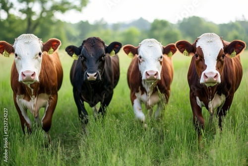 Herd of cows grazing on lush green pasture under bright sunlight in rural lan...