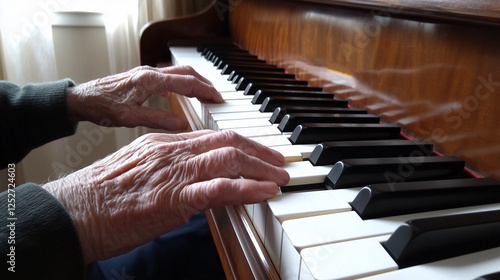 Elderly hands gracefully playing piano keys in sunlit room, showcasing beauty of music and age