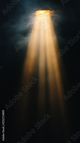 Dramatic light beams cutting through fog in a dimly lit space during an eveni...