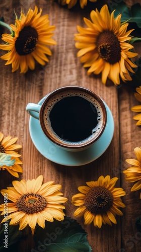 Enjoying coffee surrounded by vibrant sunflowers on a rustic wooden table in ...