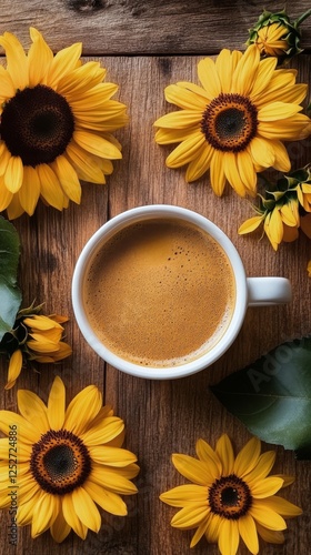 Enjoying coffee surrounded by vibrant sunflowers on a rustic wooden table in ...