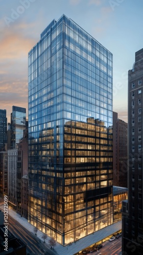 Modern glass building reflecting city lights at dusk in an urban environment