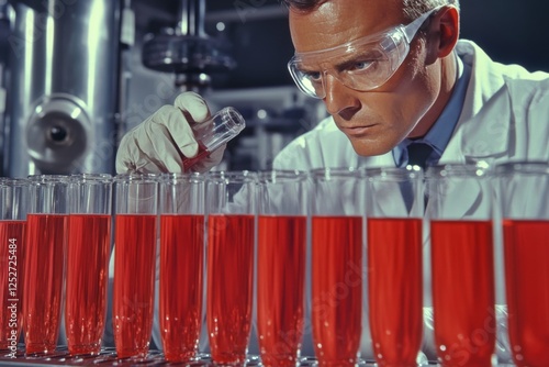 Scientist in laboratory carefully analyzing red liquid in test tubes during a...
