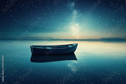 Calm boat resting on still water under starry night sky in a tranquil setting