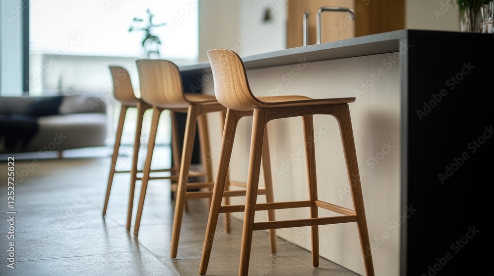 Bar stools in a contemporary kitchen setting with sleek design and warm wood tones. Bar stools in a contemporary kitchen setting with sleek design and warm wood tones.