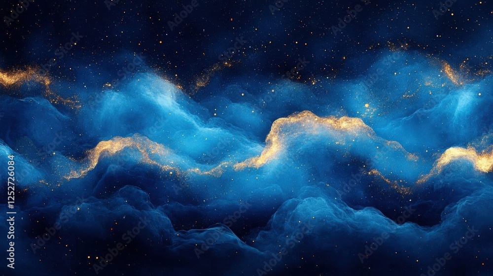 Obraz premium Abstract Cosmic Waves With Gold Glitter And Blue Clouds