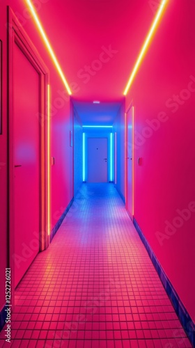 Bright neon corridor illuminated with pink and blue lights in a modern building