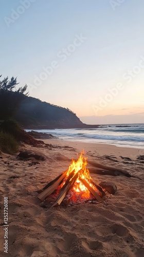 Cozy bonfire on the beach at sunset near serene ocean waves