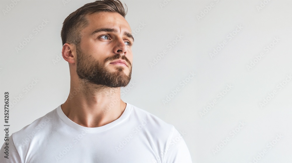 Contemplative male model in minimalist white setting. Perfect for fashion editorials, lifestyle branding, and modern masculinity narratives. Contemplative male model in minimalist white setting. Perfect for fashion editorials, lifestyle branding, and modern masculinity narratives.