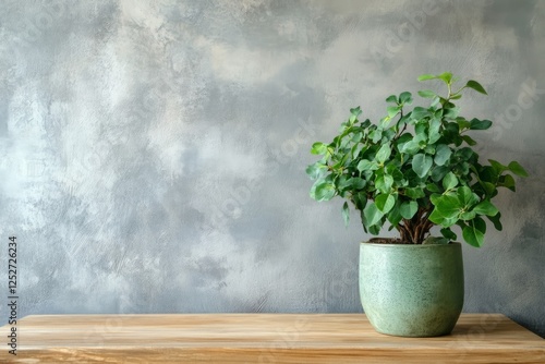 Green potted plant on wooden table against rustic wall background in natural ...