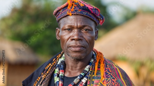 Dignified African tribal elder in traditional attire. Ideal for cultural heritage, traditional wisdom, and indigenous community narratives. photo