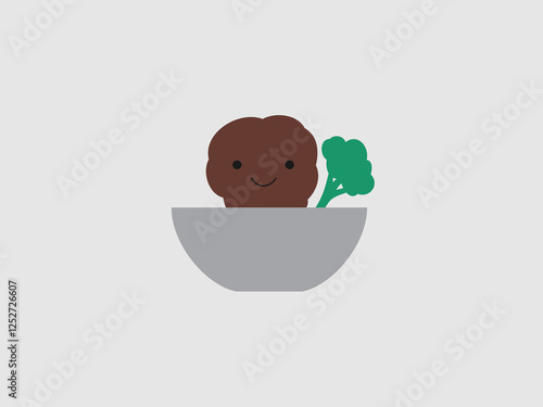 This image features a cute cartoon meatball character in a gray bowl