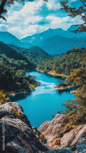 Serene mountain lake surrounded by lush greenery and rocky formations under a...