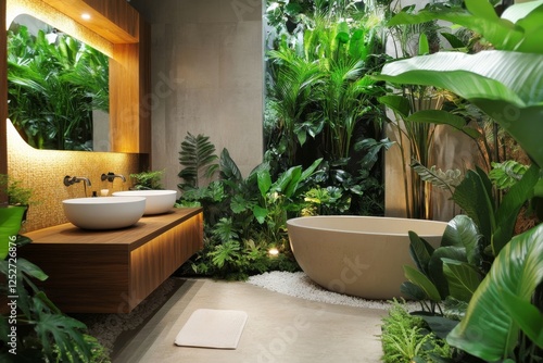 Elegant bathroom design featuring modern fixtures and natural greenery in a b...