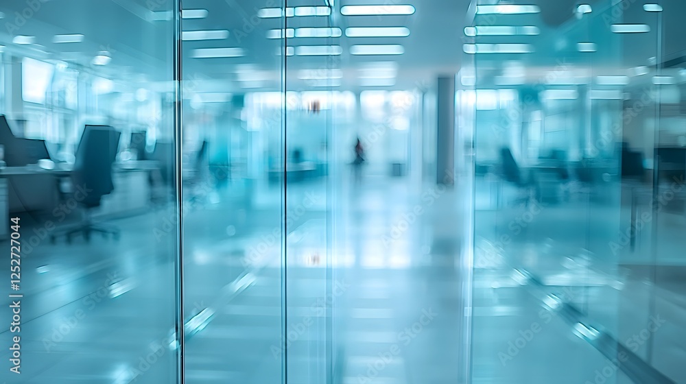 Transparent glass like discussion setting with blurred coworkers and office environment in the background representing a futuristic virtual business meeting or Transparent glass like discussion setting with blurred coworkers and office environment in the background representing a futuristic virtual business meeting or