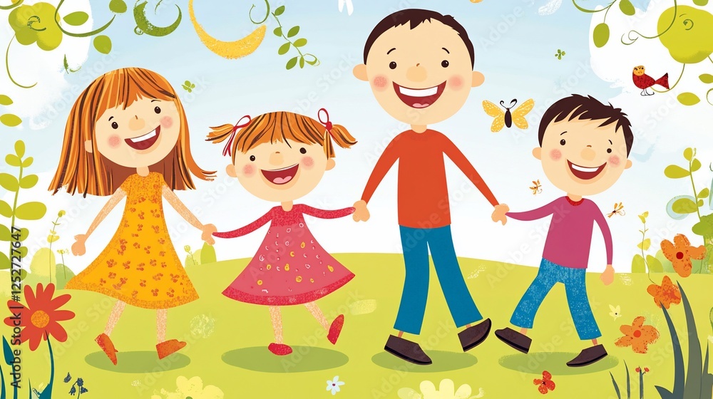 A happy family of four walking together, two girls and two boys, cartoon illustration of children A happy family of four walking together, two girls and two boys, cartoon illustration of children