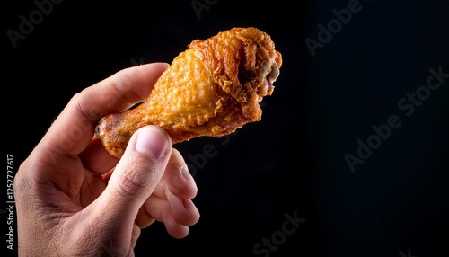 Close up of a man holding a crispy chicken wing; selective focus
