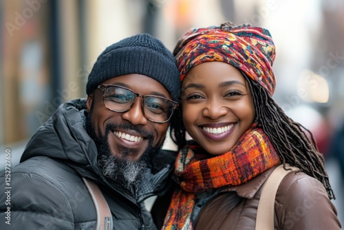 Smiling couple poses together at a vibrant market in a tropical setting durin...