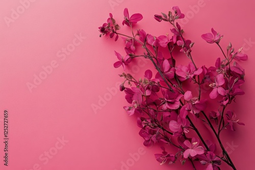 Beautiful pink flowers arranged on a soft coral background for aesthetic deco...