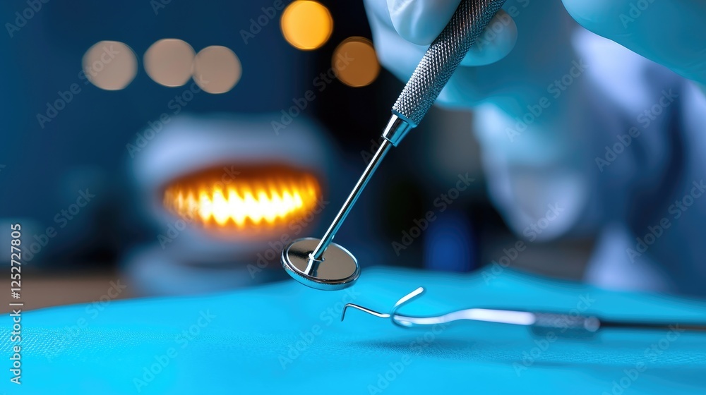 Dentist using mirror and scaler, dental procedure, blurred clinic background Dentist using mirror and scaler, dental procedure, blurred clinic background