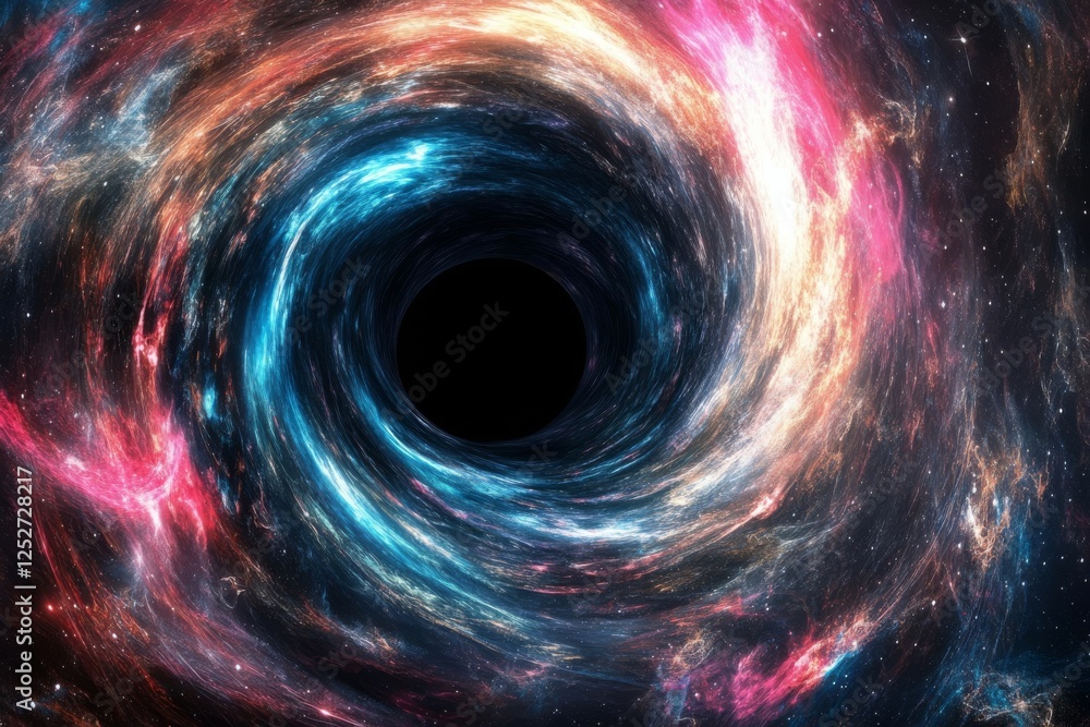 Stunning view of a black hole swirling with bright flames and cosmic energy in deep space Stunning view of a black hole swirling with bright flames and cosmic energy in deep space