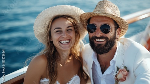 Young couple have good time on cruise ship. Portrait of beautiful young couple laughing