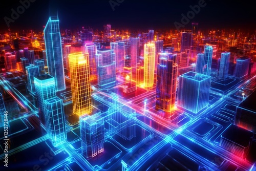 Bright cityscape at night with busy streets and colorful lights in urban center